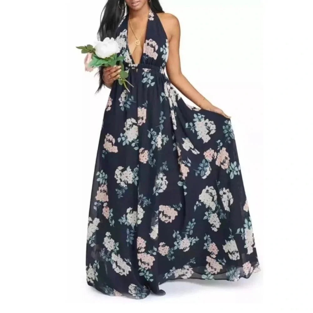 New Show Me your MUMU weddings Floral Luna Halter maxi Dress Fleur keyhole